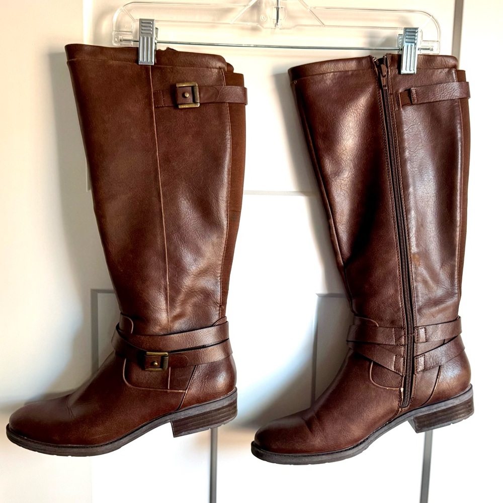 Baretraps Yalina Brown Knee High Riding Boots Women’s 9M Side Zip Low Heel